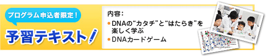 プログラム申込者限定！予習テキスト　・DNAの“カタチ”と“はたらき”を楽しく学ぶ　・DNAカードゲーム